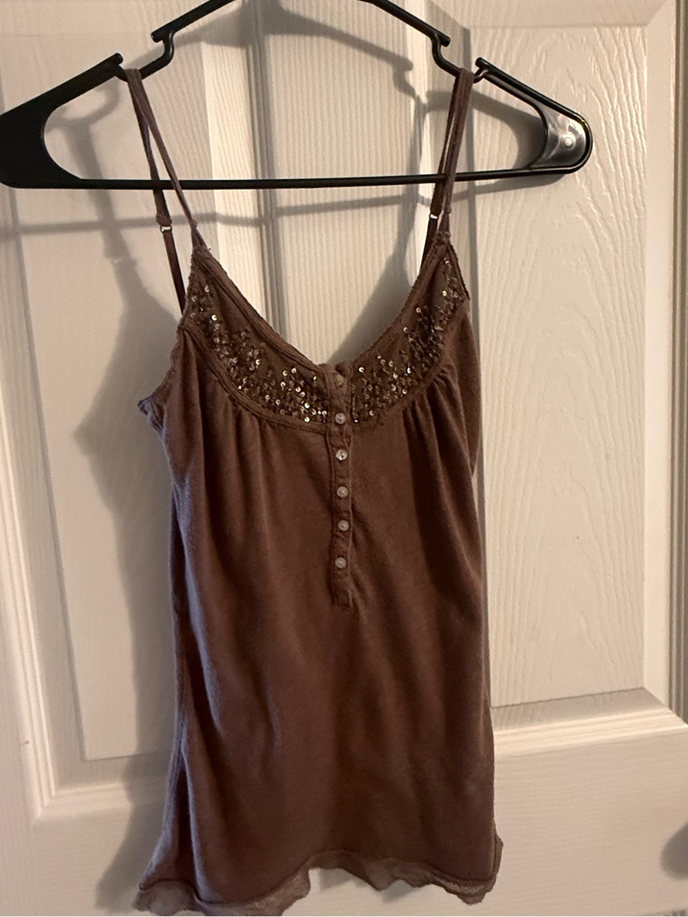 Vintage Y2K Abercrombie & Fitch Brown Sequin Henley Cami Tank Top Mesh Trim XS